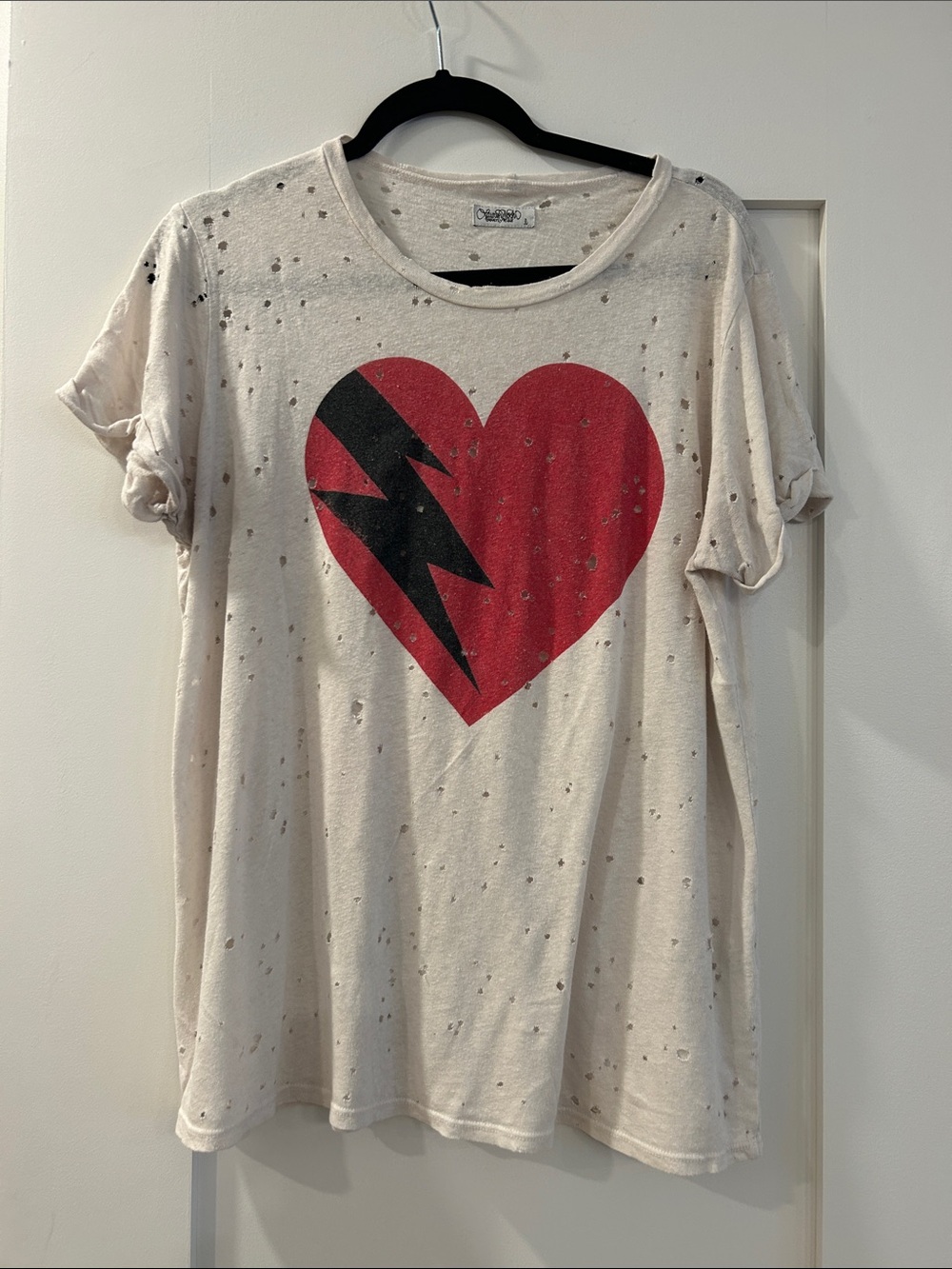 Lauren Moshi Distressed Graphic Heart Lightning Tee, Large